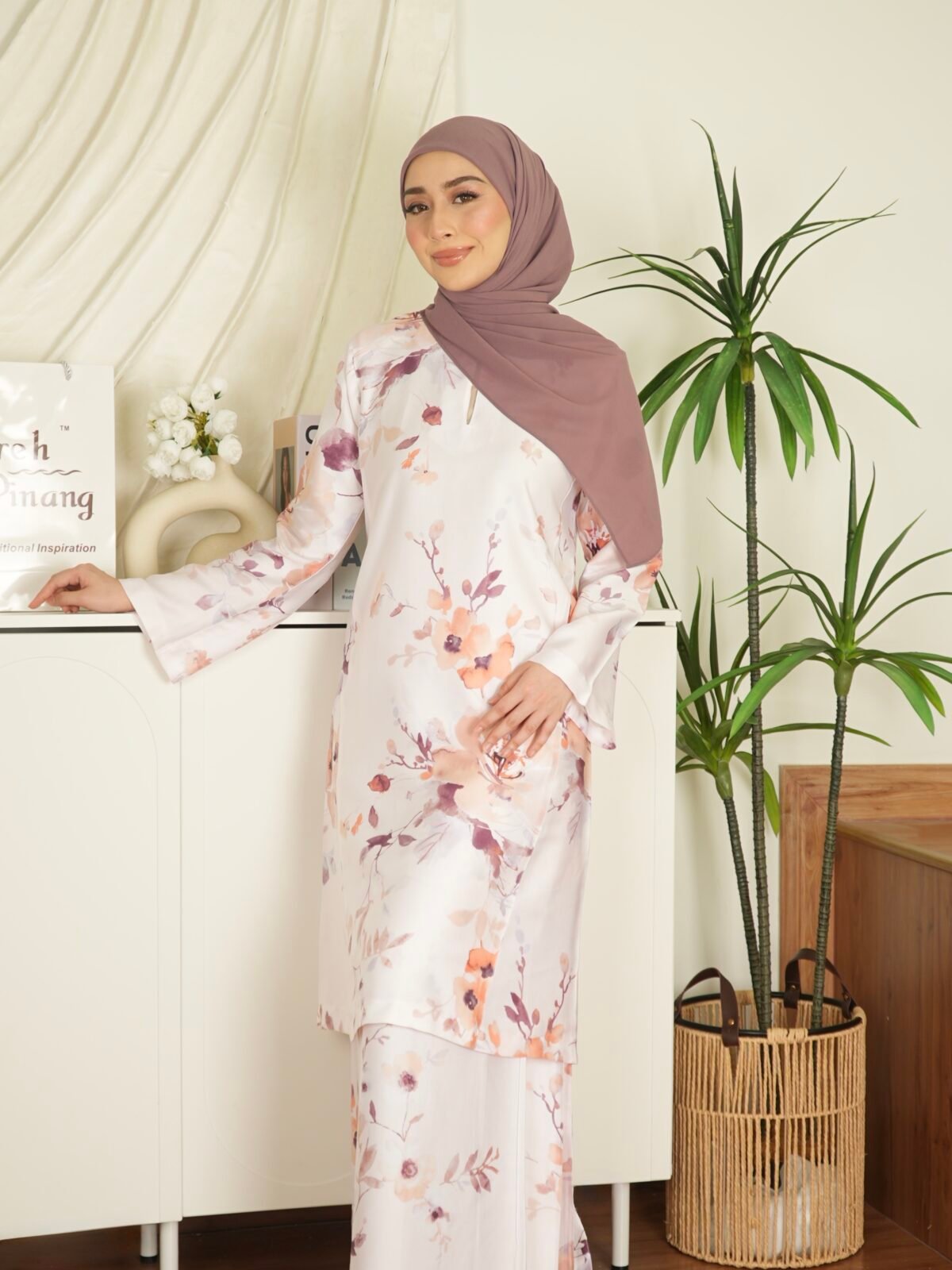 Kurung Pahang Tansilk - Peachy Purple Blooms